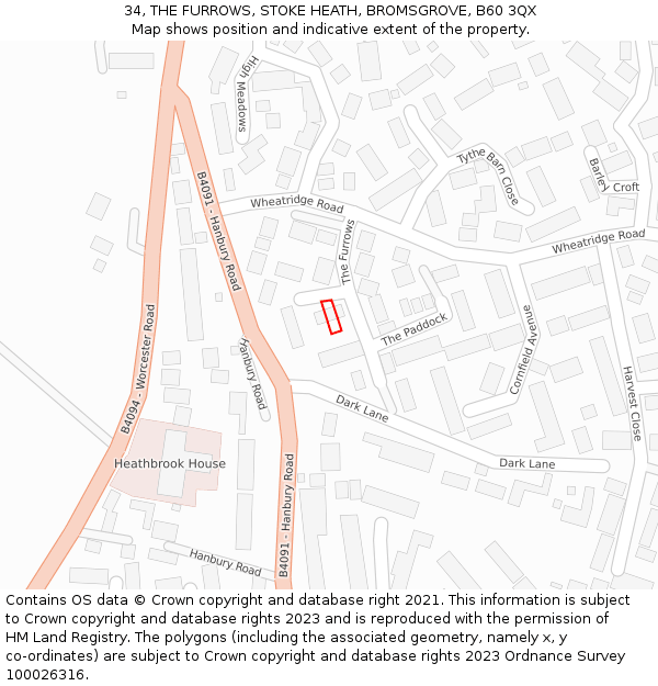 34, THE FURROWS, STOKE HEATH, BROMSGROVE, B60 3QX: Location map and indicative extent of plot
