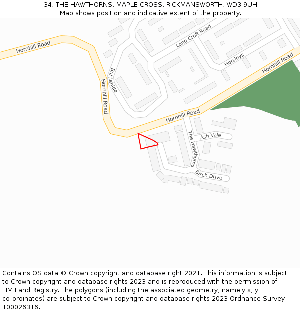 34, THE HAWTHORNS, MAPLE CROSS, RICKMANSWORTH, WD3 9UH: Location map and indicative extent of plot
