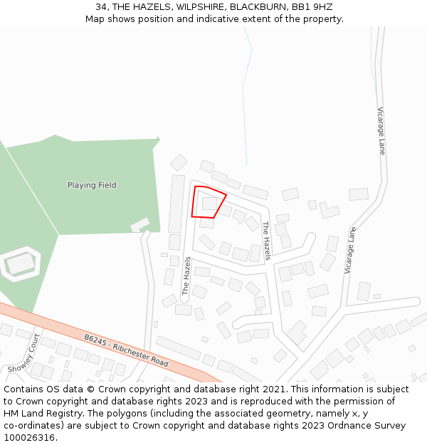 34, THE HAZELS, WILPSHIRE, BLACKBURN, BB1 9HZ: Location map and indicative extent of plot