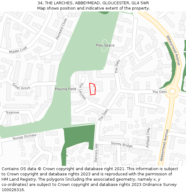 34, THE LARCHES, ABBEYMEAD, GLOUCESTER, GL4 5WR: Location map and indicative extent of plot