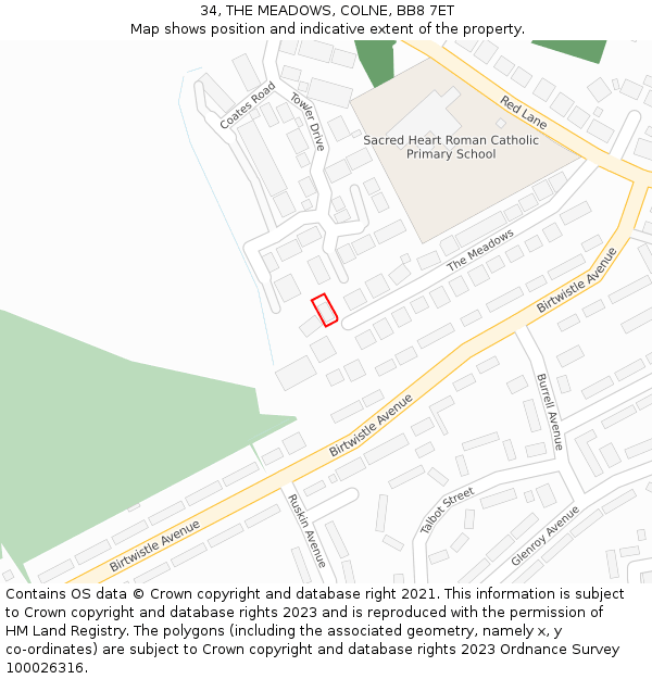 34, THE MEADOWS, COLNE, BB8 7ET: Location map and indicative extent of plot