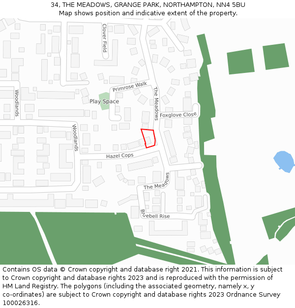 34, THE MEADOWS, GRANGE PARK, NORTHAMPTON, NN4 5BU: Location map and indicative extent of plot