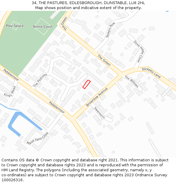 34, THE PASTURES, EDLESBOROUGH, DUNSTABLE, LU6 2HL: Location map and indicative extent of plot