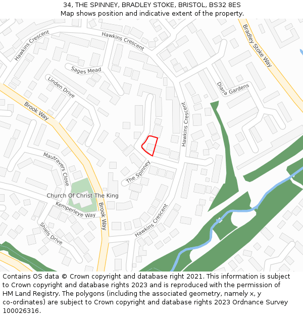 34, THE SPINNEY, BRADLEY STOKE, BRISTOL, BS32 8ES: Location map and indicative extent of plot