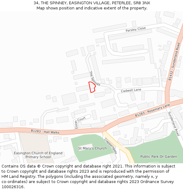 34, THE SPINNEY, EASINGTON VILLAGE, PETERLEE, SR8 3NX: Location map and indicative extent of plot