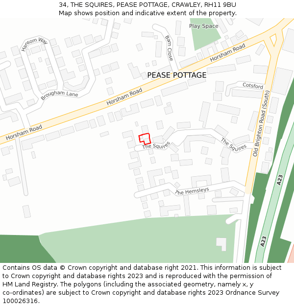 34, THE SQUIRES, PEASE POTTAGE, CRAWLEY, RH11 9BU: Location map and indicative extent of plot