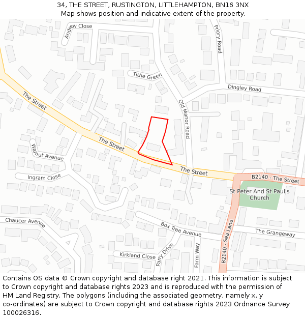 34, THE STREET, RUSTINGTON, LITTLEHAMPTON, BN16 3NX: Location map and indicative extent of plot