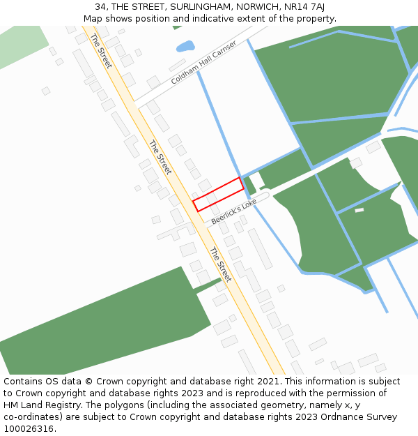 34, THE STREET, SURLINGHAM, NORWICH, NR14 7AJ: Location map and indicative extent of plot