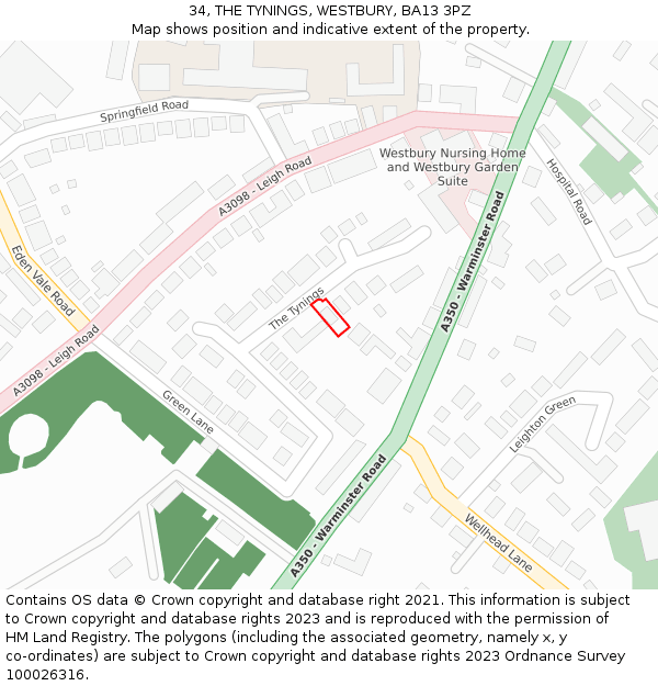 34, THE TYNINGS, WESTBURY, BA13 3PZ: Location map and indicative extent of plot