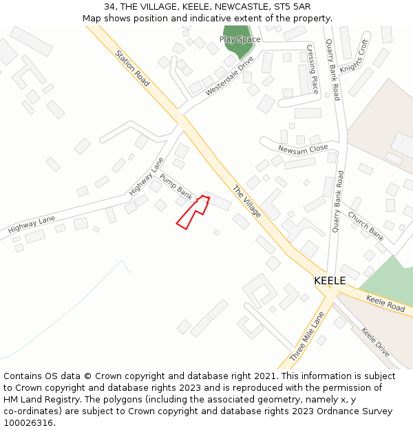 34, THE VILLAGE, KEELE, NEWCASTLE, ST5 5AR: Location map and indicative extent of plot