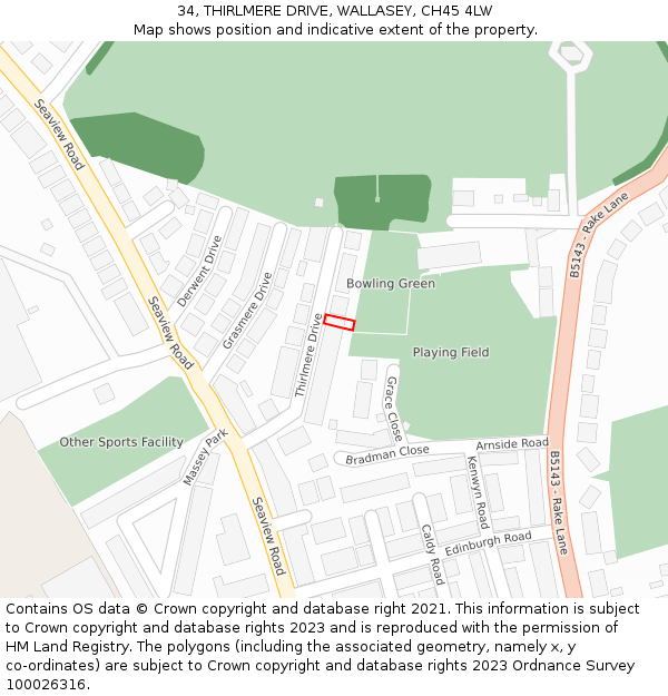 34, THIRLMERE DRIVE, WALLASEY, CH45 4LW: Location map and indicative extent of plot