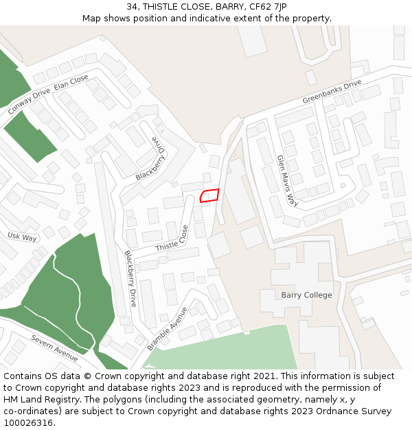 34, THISTLE CLOSE, BARRY, CF62 7JP: Location map and indicative extent of plot