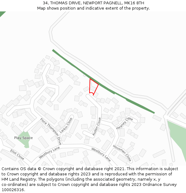 34, THOMAS DRIVE, NEWPORT PAGNELL, MK16 8TH: Location map and indicative extent of plot