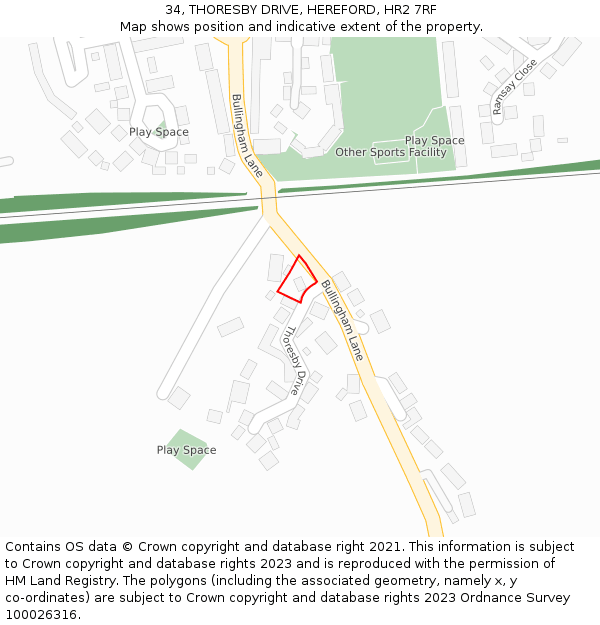 34, THORESBY DRIVE, HEREFORD, HR2 7RF: Location map and indicative extent of plot