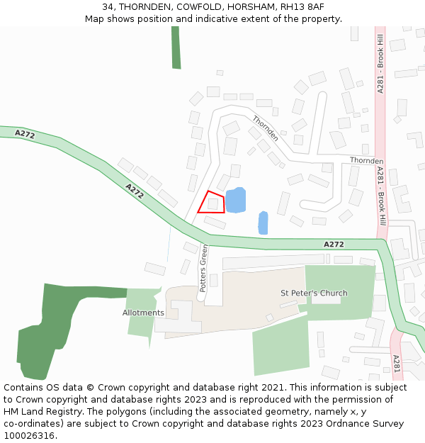 34, THORNDEN, COWFOLD, HORSHAM, RH13 8AF: Location map and indicative extent of plot