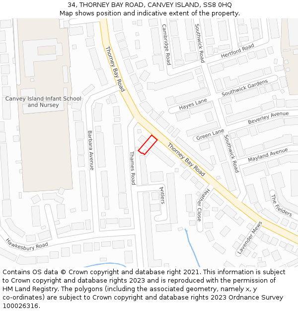 34, THORNEY BAY ROAD, CANVEY ISLAND, SS8 0HQ: Location map and indicative extent of plot