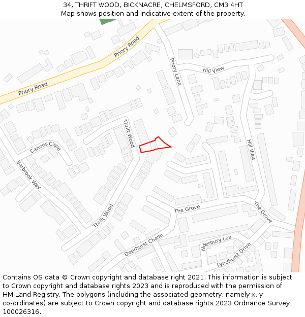 34, THRIFT WOOD, BICKNACRE, CHELMSFORD, CM3 4HT: Location map and indicative extent of plot