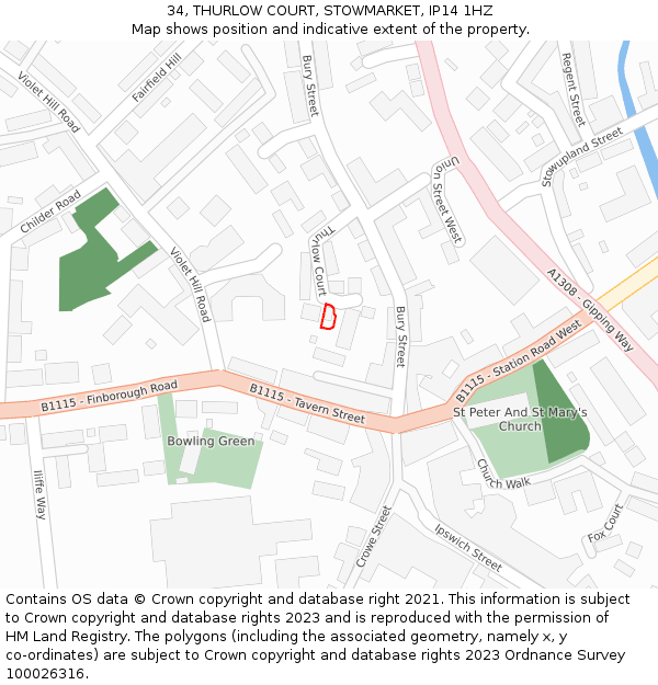 34, THURLOW COURT, STOWMARKET, IP14 1HZ: Location map and indicative extent of plot