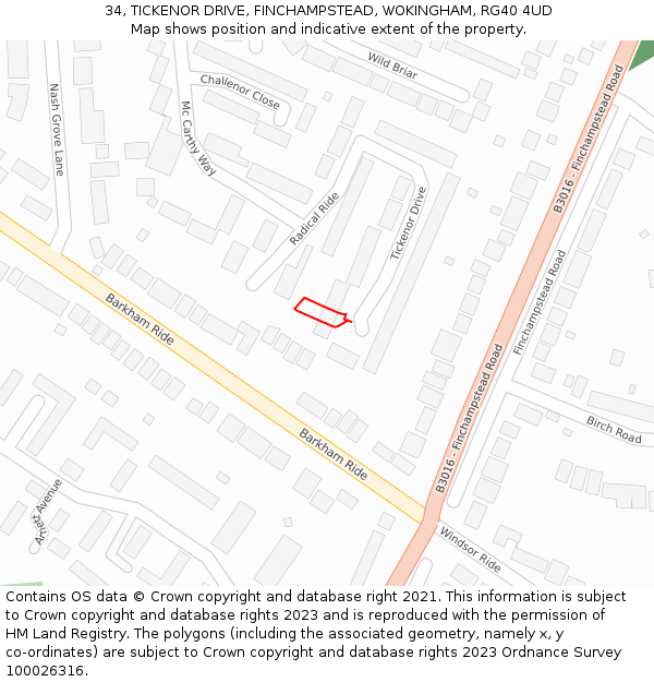 34, TICKENOR DRIVE, FINCHAMPSTEAD, WOKINGHAM, RG40 4UD: Location map and indicative extent of plot