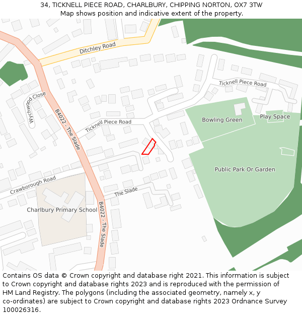 34, TICKNELL PIECE ROAD, CHARLBURY, CHIPPING NORTON, OX7 3TW: Location map and indicative extent of plot