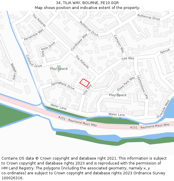 34, TILIA WAY, BOURNE, PE10 0QR: Location map and indicative extent of plot