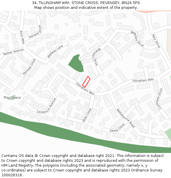 34, TILLINGHAM WAY, STONE CROSS, PEVENSEY, BN24 5PS: Location map and indicative extent of plot