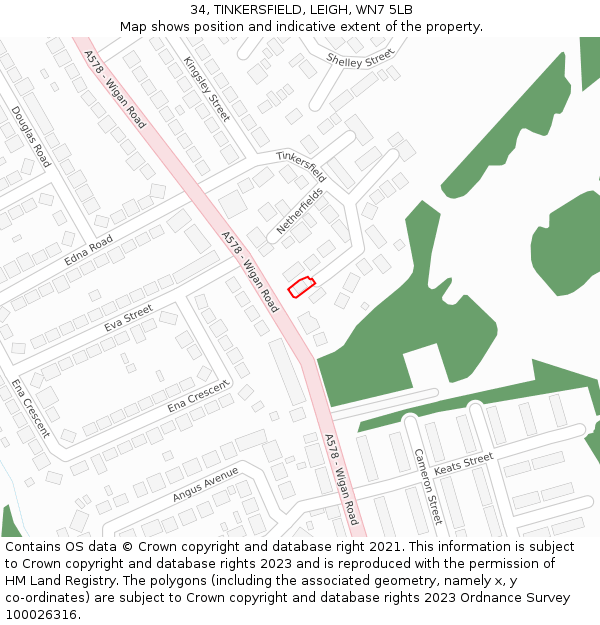 34, TINKERSFIELD, LEIGH, WN7 5LB: Location map and indicative extent of plot