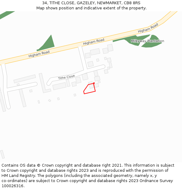 34, TITHE CLOSE, GAZELEY, NEWMARKET, CB8 8RS: Location map and indicative extent of plot