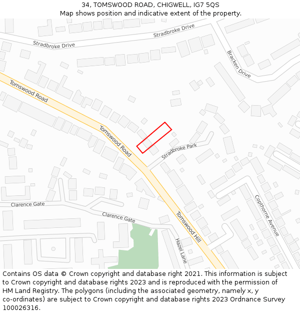 34, TOMSWOOD ROAD, CHIGWELL, IG7 5QS: Location map and indicative extent of plot