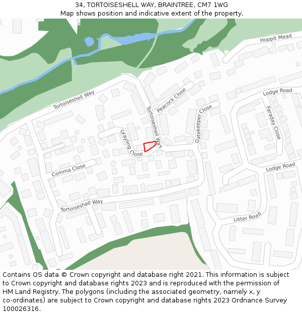 34, TORTOISESHELL WAY, BRAINTREE, CM7 1WG: Location map and indicative extent of plot