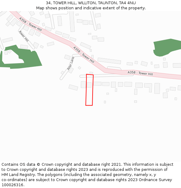 34, TOWER HILL, WILLITON, TAUNTON, TA4 4NU: Location map and indicative extent of plot