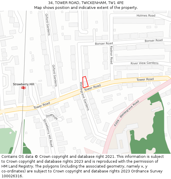 34, TOWER ROAD, TWICKENHAM, TW1 4PE: Location map and indicative extent of plot