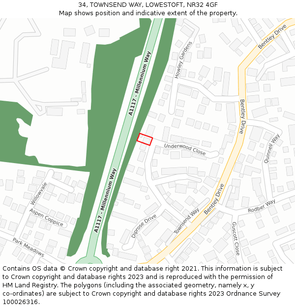 34, TOWNSEND WAY, LOWESTOFT, NR32 4GF: Location map and indicative extent of plot