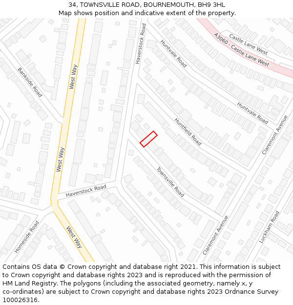 34, TOWNSVILLE ROAD, BOURNEMOUTH, BH9 3HL: Location map and indicative extent of plot