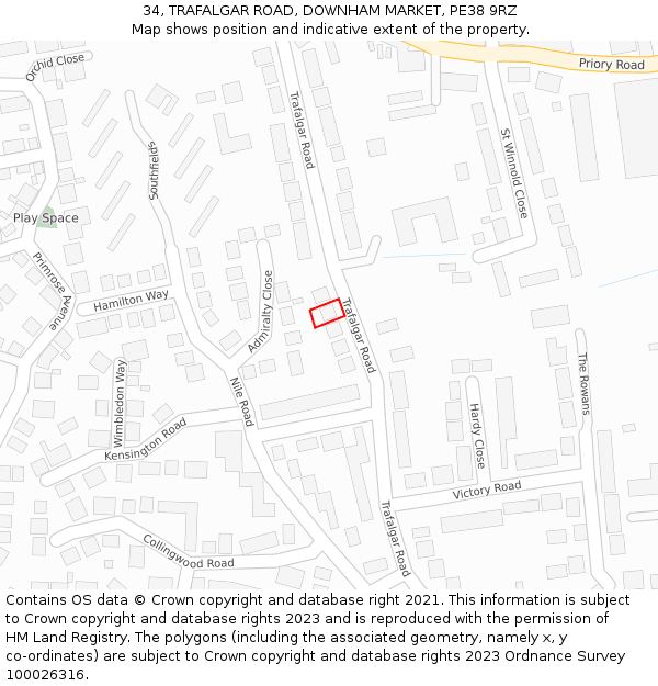 34, TRAFALGAR ROAD, DOWNHAM MARKET, PE38 9RZ: Location map and indicative extent of plot