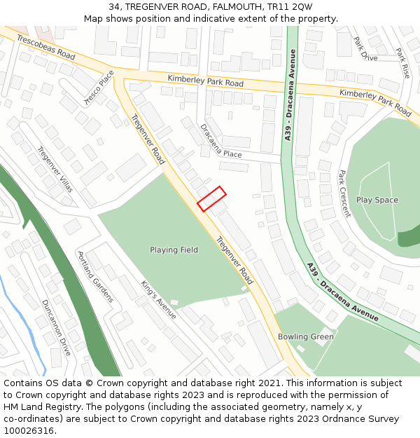 34, TREGENVER ROAD, FALMOUTH, TR11 2QW: Location map and indicative extent of plot