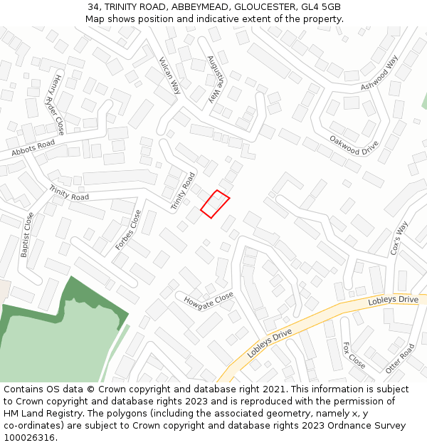34, TRINITY ROAD, ABBEYMEAD, GLOUCESTER, GL4 5GB: Location map and indicative extent of plot