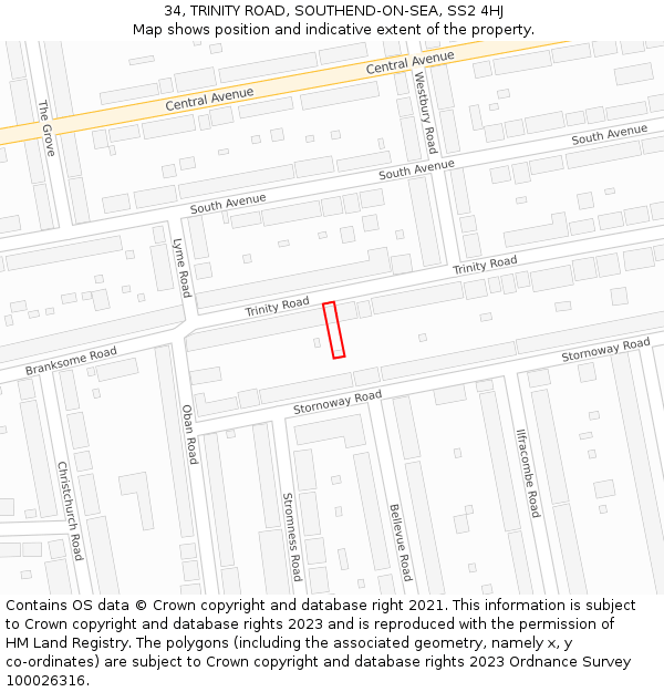 34, TRINITY ROAD, SOUTHEND-ON-SEA, SS2 4HJ: Location map and indicative extent of plot