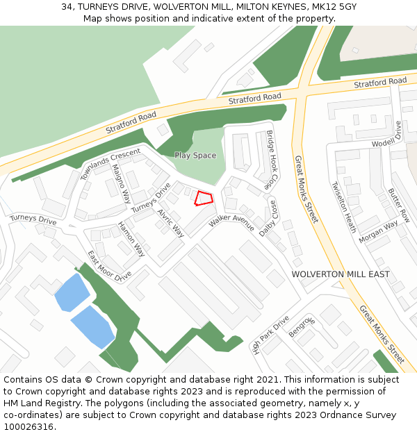 34, TURNEYS DRIVE, WOLVERTON MILL, MILTON KEYNES, MK12 5GY: Location map and indicative extent of plot