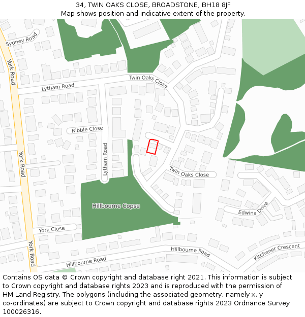 34, TWIN OAKS CLOSE, BROADSTONE, BH18 8JF: Location map and indicative extent of plot