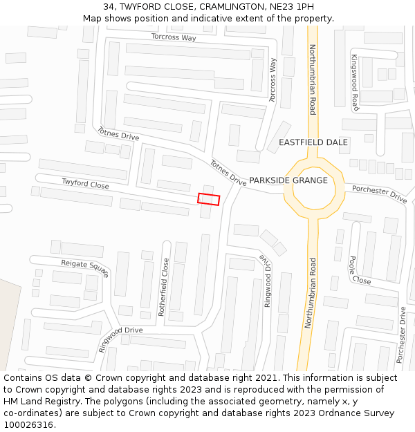 34, TWYFORD CLOSE, CRAMLINGTON, NE23 1PH: Location map and indicative extent of plot