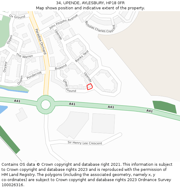 34, UPENDE, AYLESBURY, HP18 0FR: Location map and indicative extent of plot