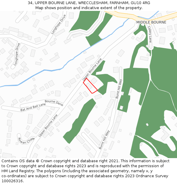 34, UPPER BOURNE LANE, WRECCLESHAM, FARNHAM, GU10 4RG: Location map and indicative extent of plot