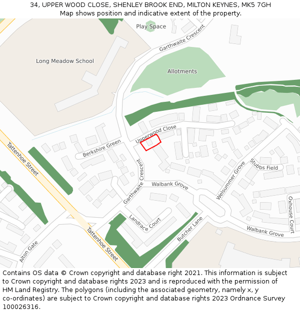 34, UPPER WOOD CLOSE, SHENLEY BROOK END, MILTON KEYNES, MK5 7GH: Location map and indicative extent of plot