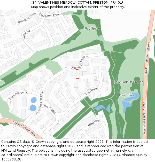 34, VALENTINES MEADOW, COTTAM, PRESTON, PR4 0LF: Location map and indicative extent of plot