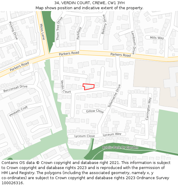 34, VERDIN COURT, CREWE, CW1 3YH: Location map and indicative extent of plot