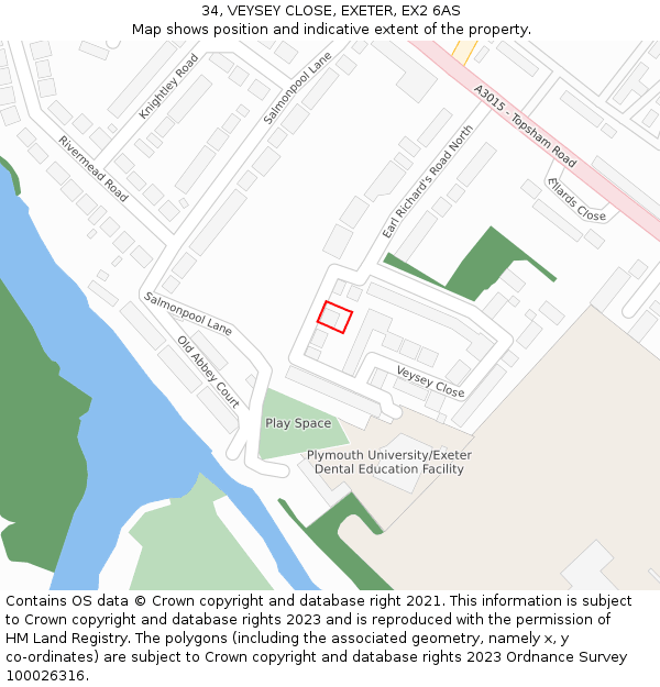 34, VEYSEY CLOSE, EXETER, EX2 6AS: Location map and indicative extent of plot