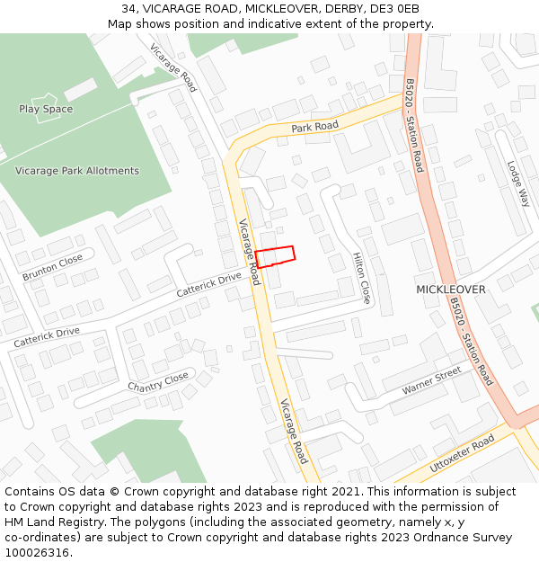 34, VICARAGE ROAD, MICKLEOVER, DERBY, DE3 0EB: Location map and indicative extent of plot