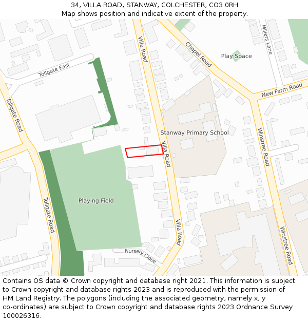 34, VILLA ROAD, STANWAY, COLCHESTER, CO3 0RH: Location map and indicative extent of plot