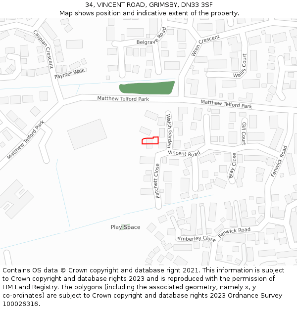 34, VINCENT ROAD, GRIMSBY, DN33 3SF: Location map and indicative extent of plot